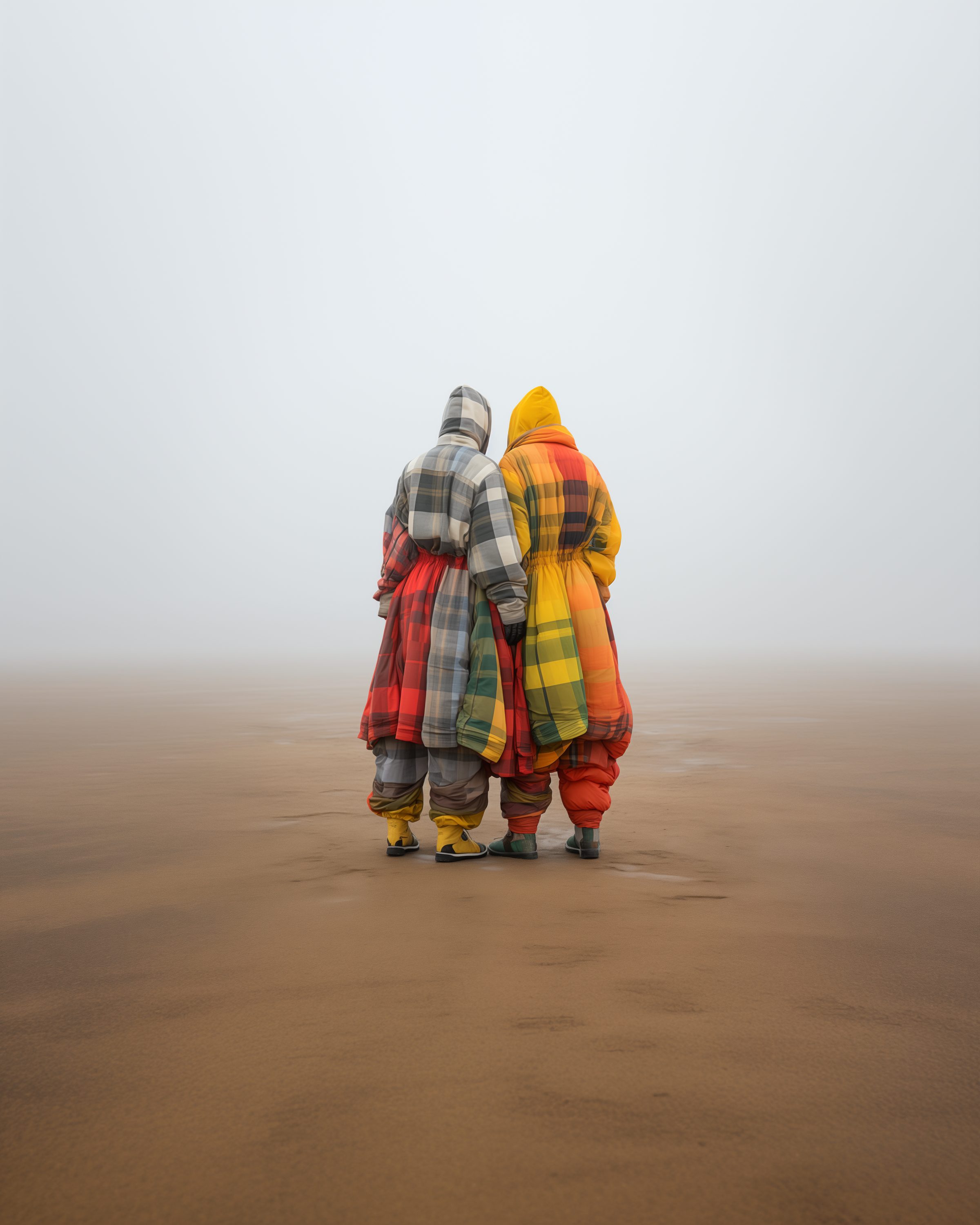 Two people in colourful checked coats standing back to back in the fog on a beach
